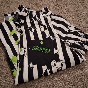 Beetlejuice Black and White Striped Casual Button Down Shirt